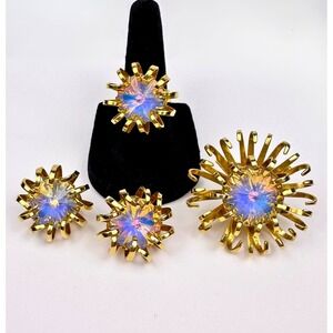 Sarah Coventry Mystic Blue Rivoli Flowers Set Ring Clip Earrings Brooch MCM